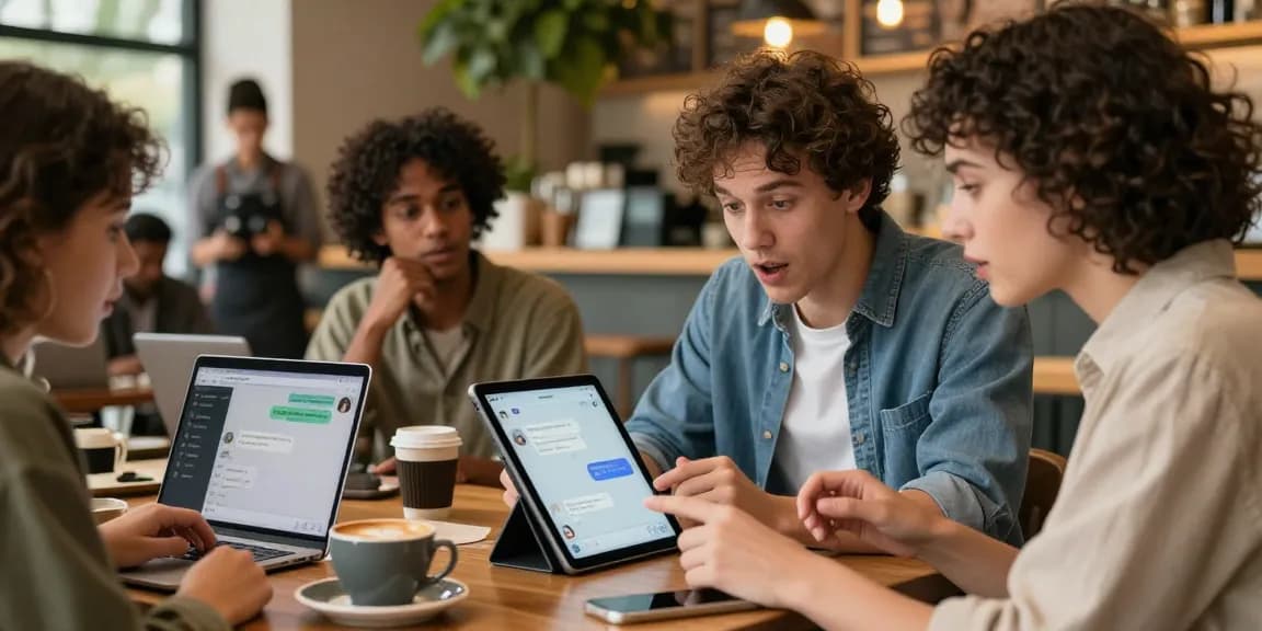 Engaging group using spicy chat ai on a tablet in a cozy coffee shop.
