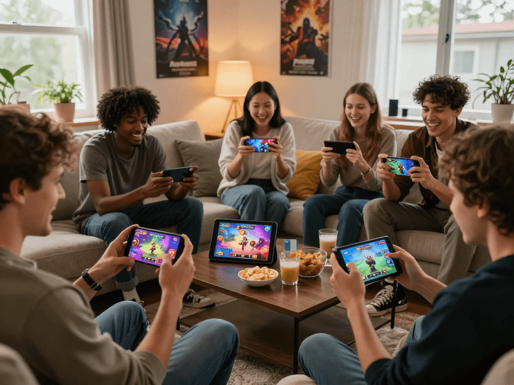 Group of friends enjoying mobile porn games in a cozy living room.