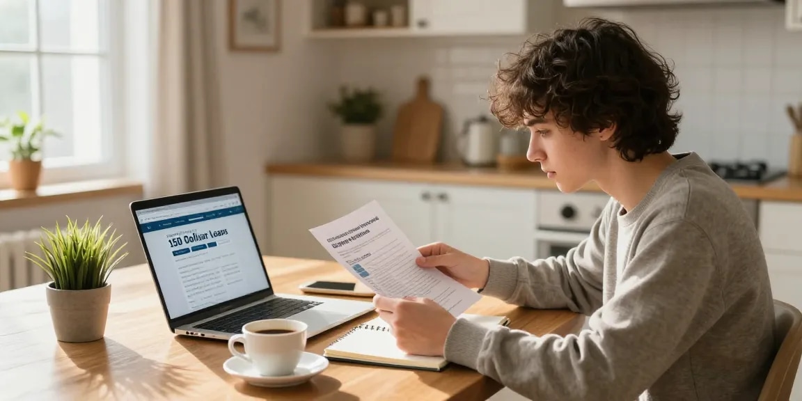 Individual exploring online 150 dollar loan options at home, focusing on financial documents and laptop amidst a warm, cozy atmosphere.