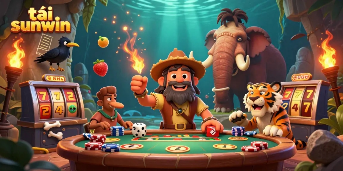 Engage in the excitement of tải sunwin with a dazzling prehistoric casino scene featuring dynamic characters and rich elements.