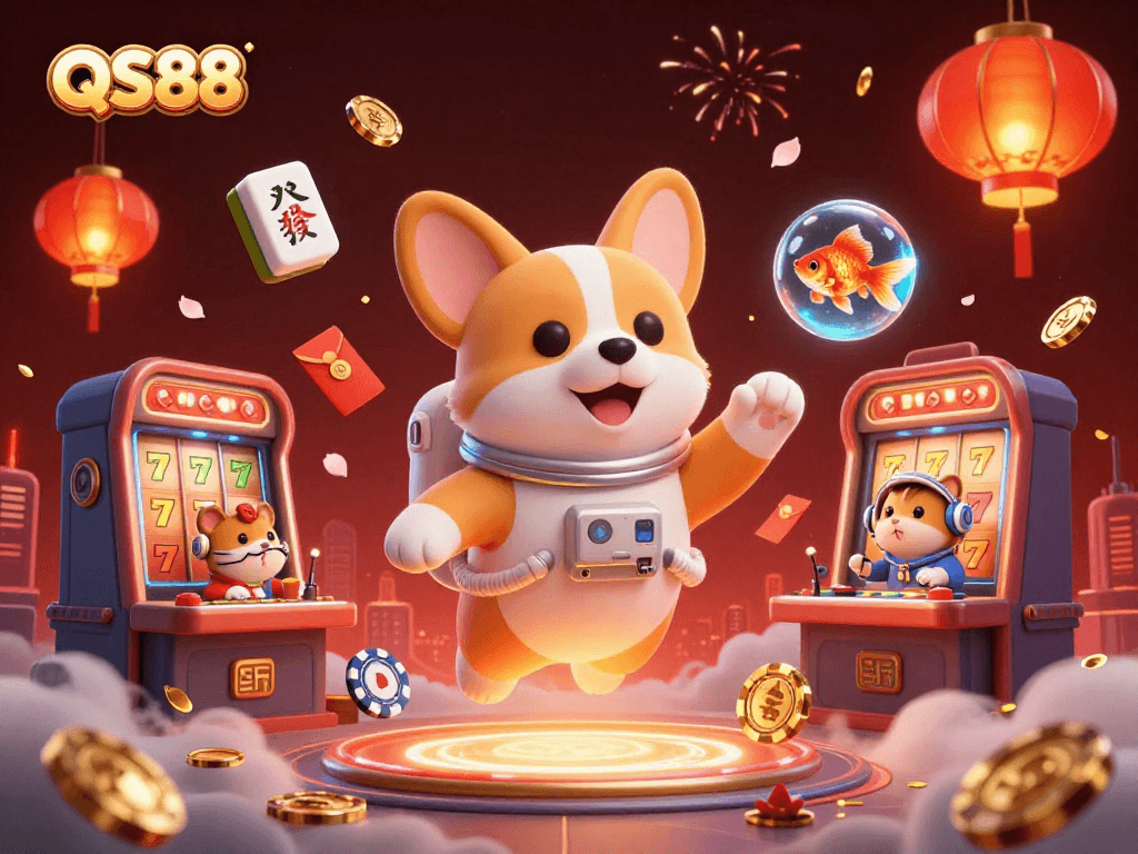 Engage with QS88 in a vibrant space-themed casino scene featuring a playful corgi astronaut.