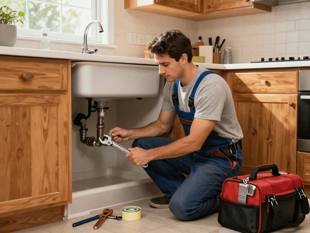 Plumber from Blue Moon Plumbing and Rooter repairing kitchen pipes with tools in a warm, inviting home environment.