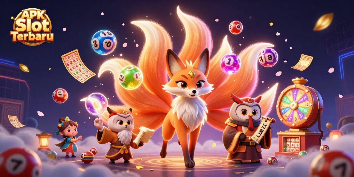 Play APK Slot Terbaru with vibrant lottery numbers and golden bingo cards in an exciting gambling scene.
