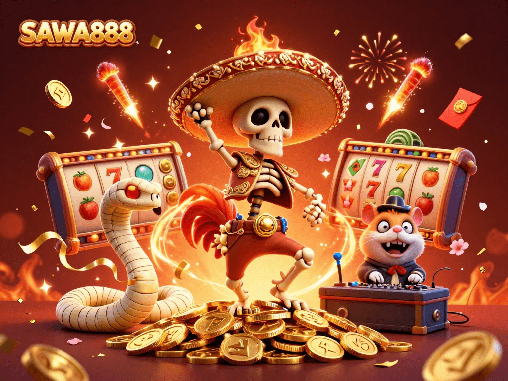 Experience thrilling wins on SAWA888 with a victory dance celebration amid colorful casino elements