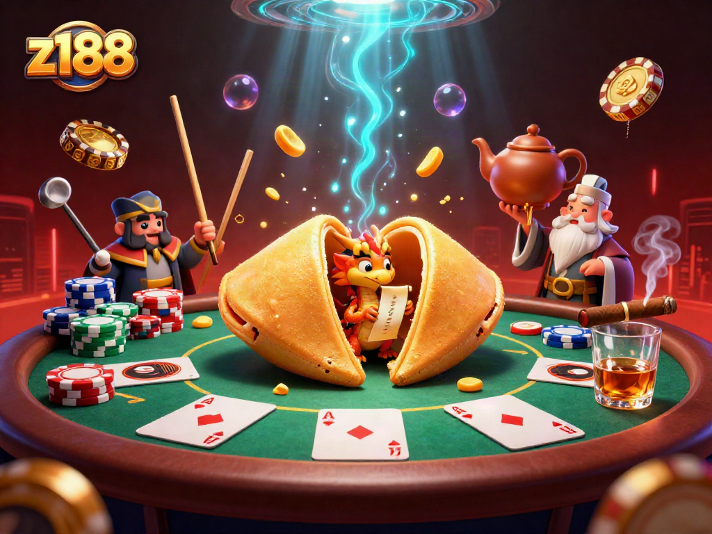 Spin to win with z188 and vibrant poker elements featuring a giant fortune cookie scene.