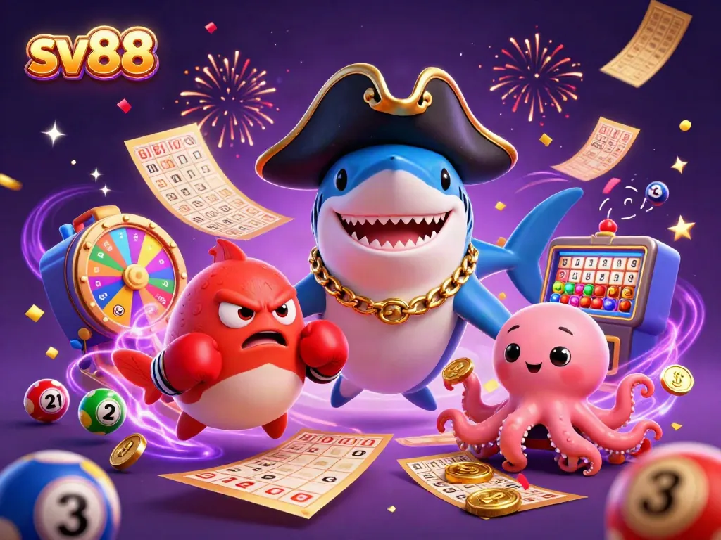 sv88 showcases a vibrant 3D casino scene with characters immersed in fun activities and winning moments.