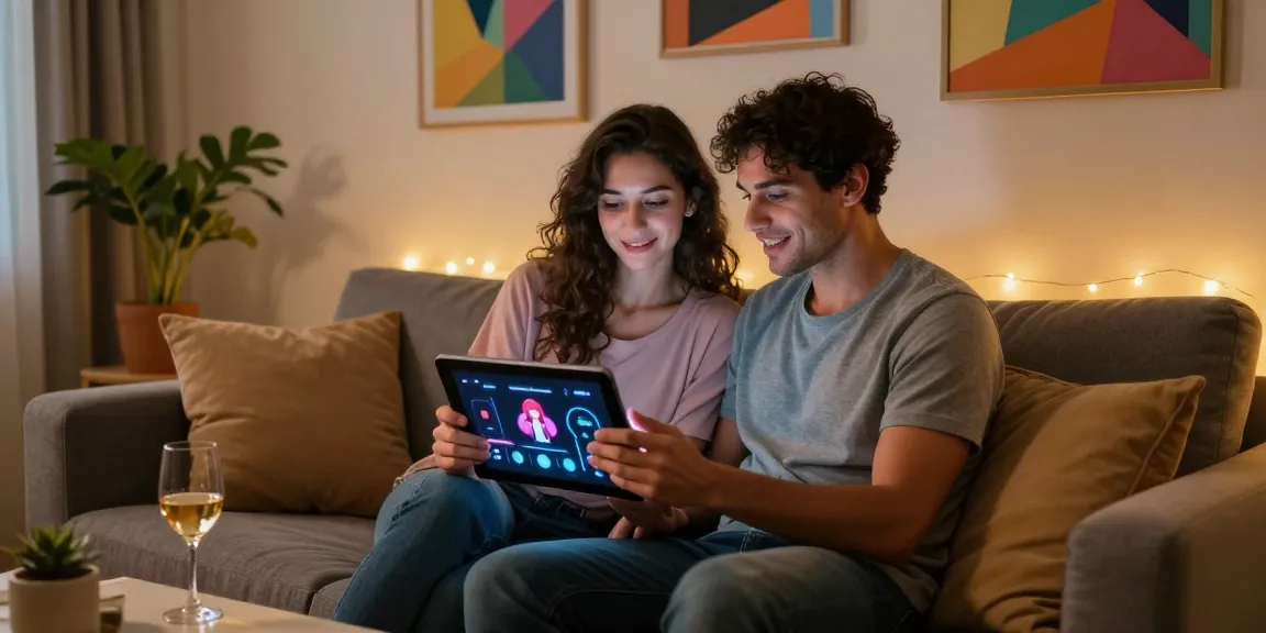 Couple using sex AI technology on a tablet in a cozy living room.