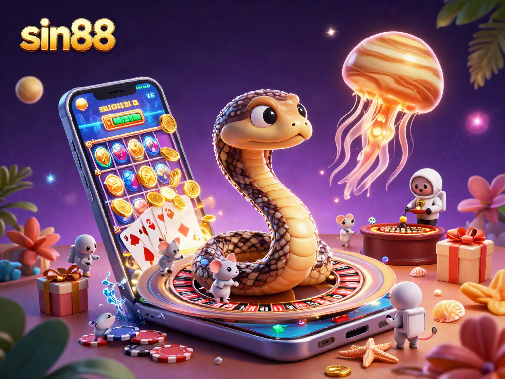 Experience vibrant gaming with sin88 as cartoon characters engage in cosmic betting fun.