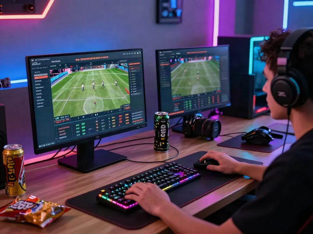 Online gaming enthusiast using http://sin88-onl.com/ on a high-resolution monitor in a vibrant home setup.