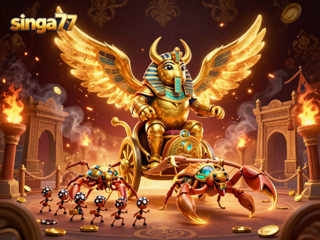 Singa77 attracting gamblers with a rich, dynamic chariot scene featuring a golden scarab and scorpions.