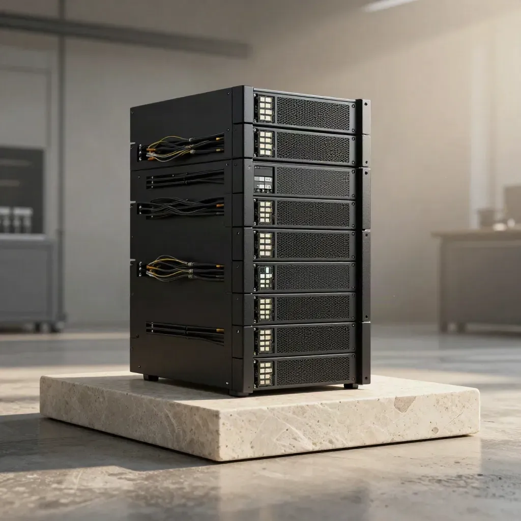 Matte-black server blades on stone plinth with cables, caddies and misty industrial light