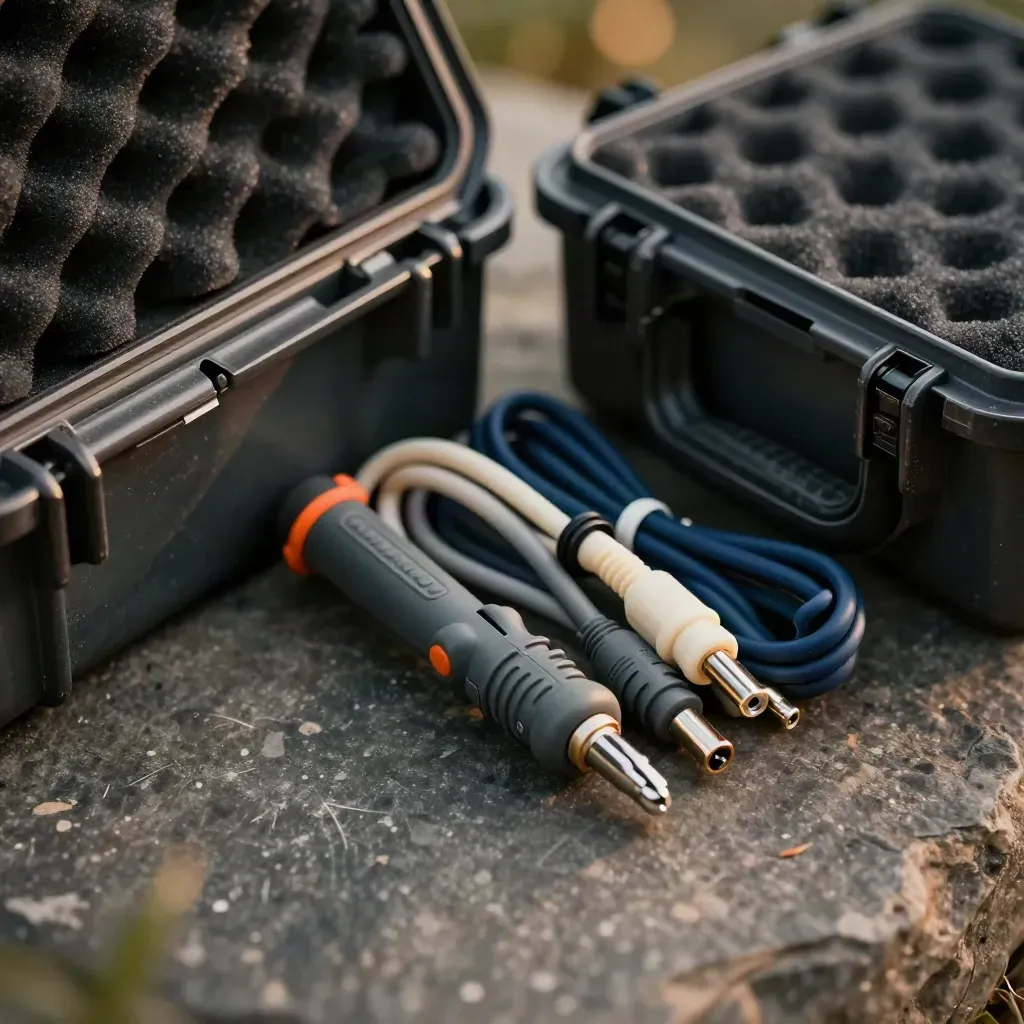 Macro still life of a cable tester, hard case, and coiled patch leads on dark stone.