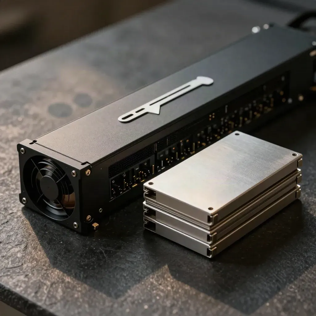 Rack power strip, fan module and SSDs on charcoal stone in dramatic light
