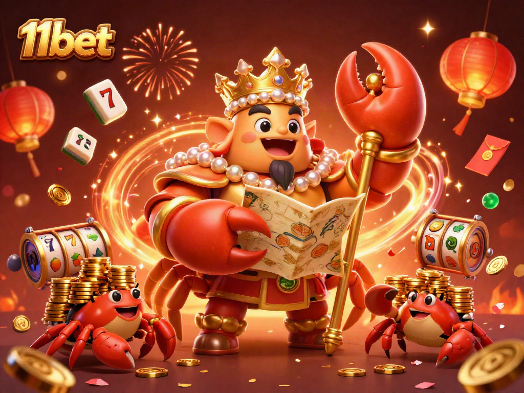 Exciting 11bet scene showcasing a lavish golden crab emperor in a vibrant casino setting.