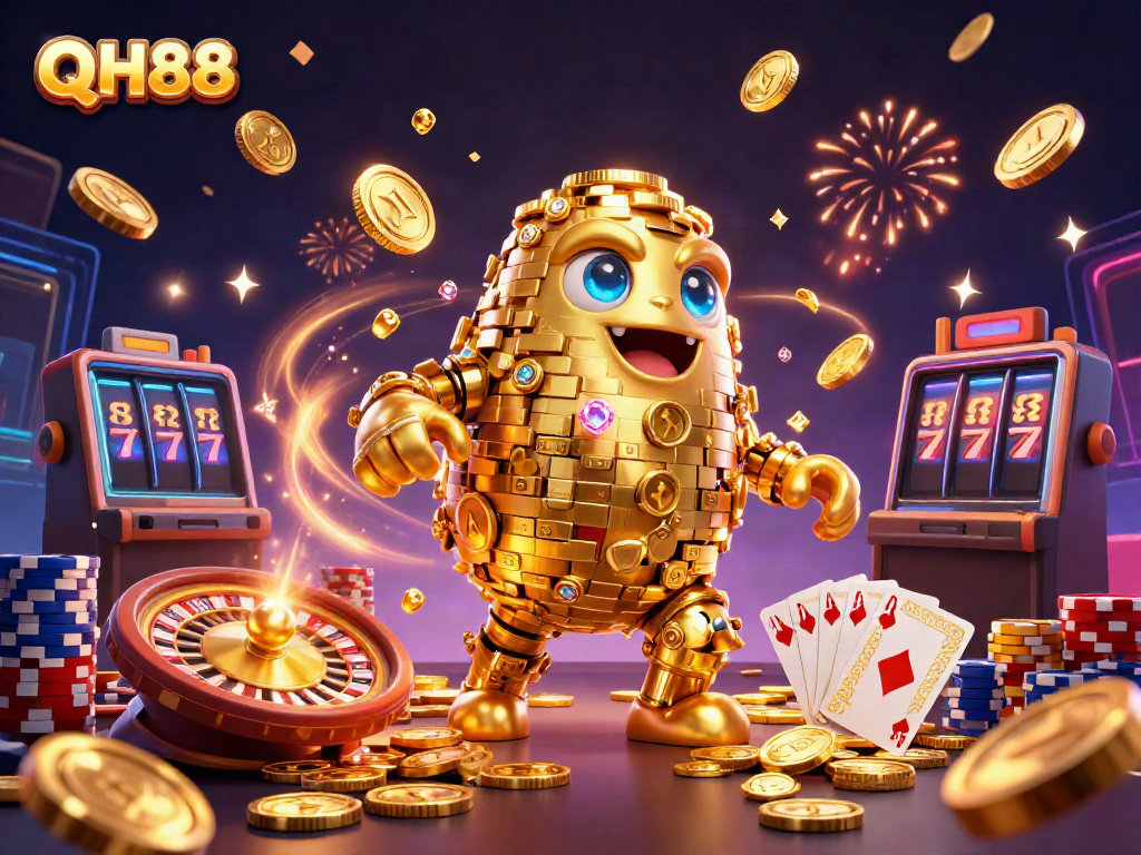 Engage with QH88's dynamic gaming experience through vibrant 3D illustration featuring a golden golem and casino elements.