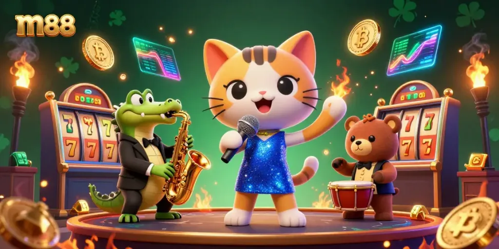Experience m88 casino excitement with vibrant characters and dynamic gaming elements in a 3D scene.