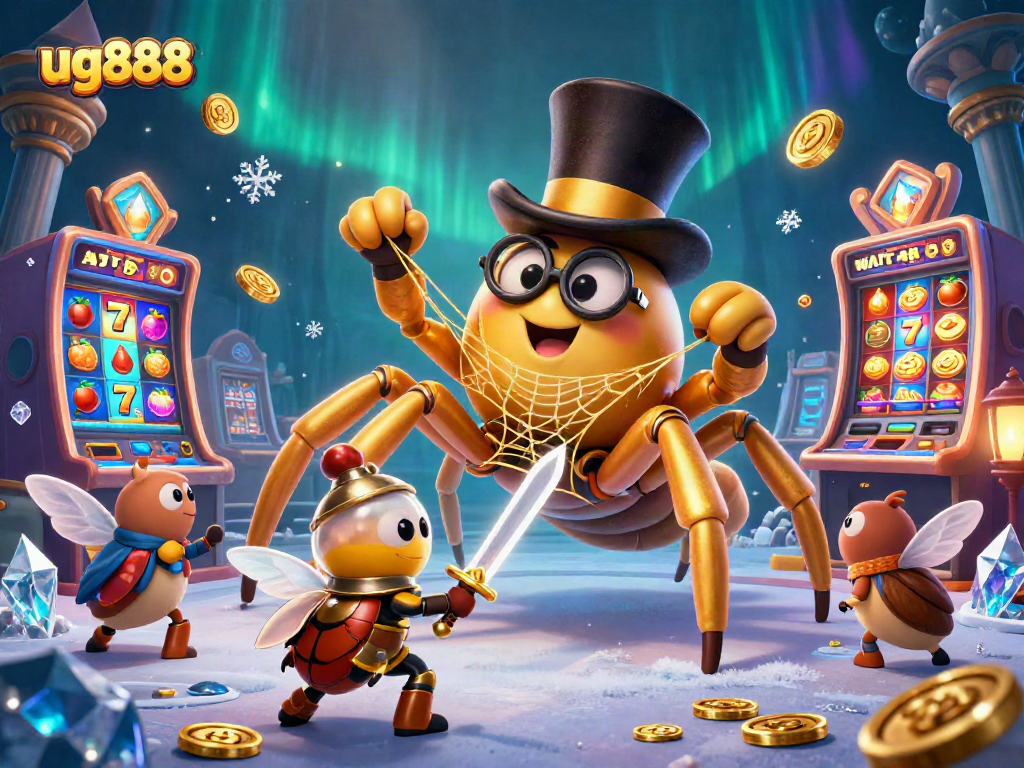 Experience the excitement of ug888 casino with a vibrant illustration featuring a golden tarantula and beetle knight.