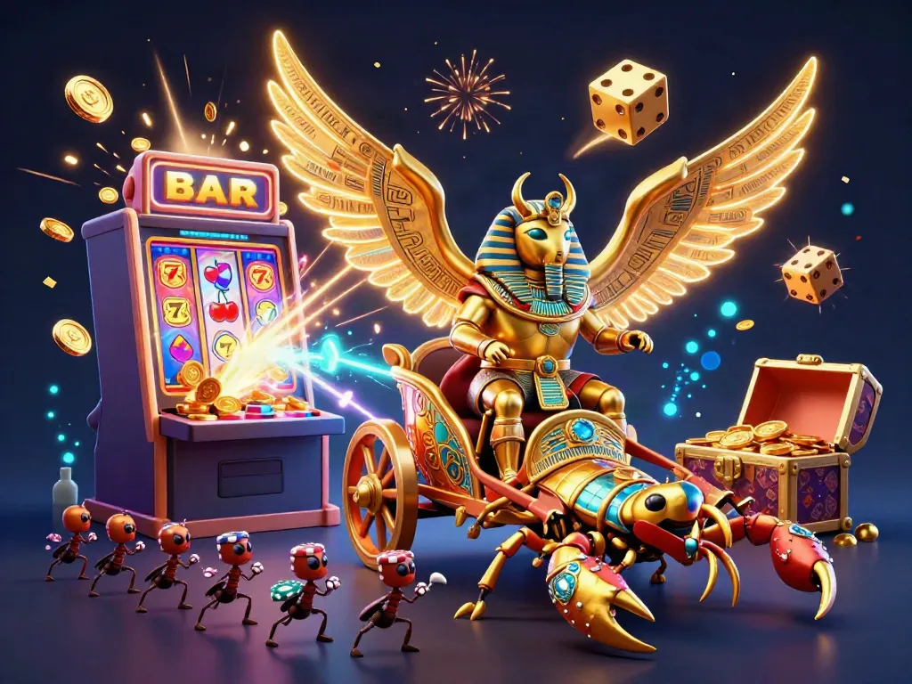 The-learning-centres showcases a vibrant 3D casino scene featuring a golden scarab beetle, dynamic slot machine, and gaming elements.