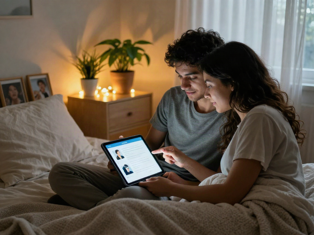 Couple engaging with a sex AI app in a cozy setting, exploring relationship enhancement.