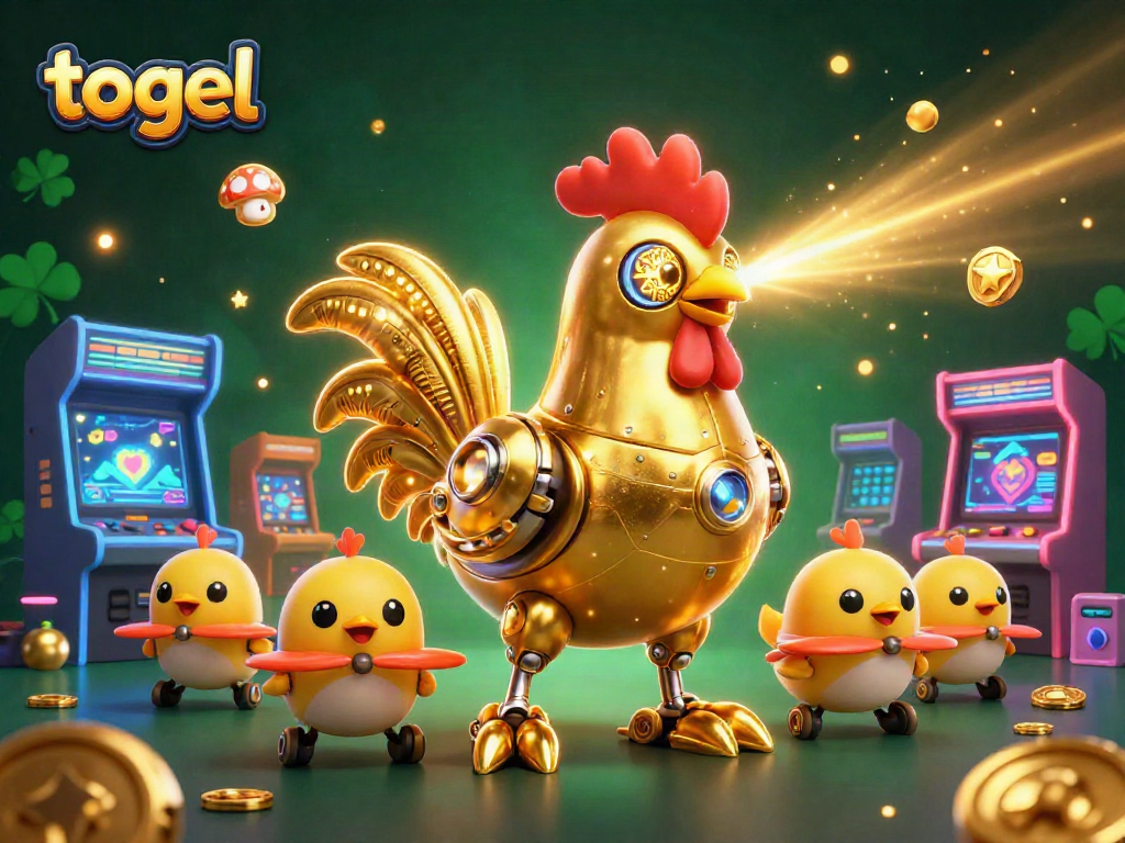 Engage in thrilling togel gameplay with vibrant 3D animation of a golden rooster robot.