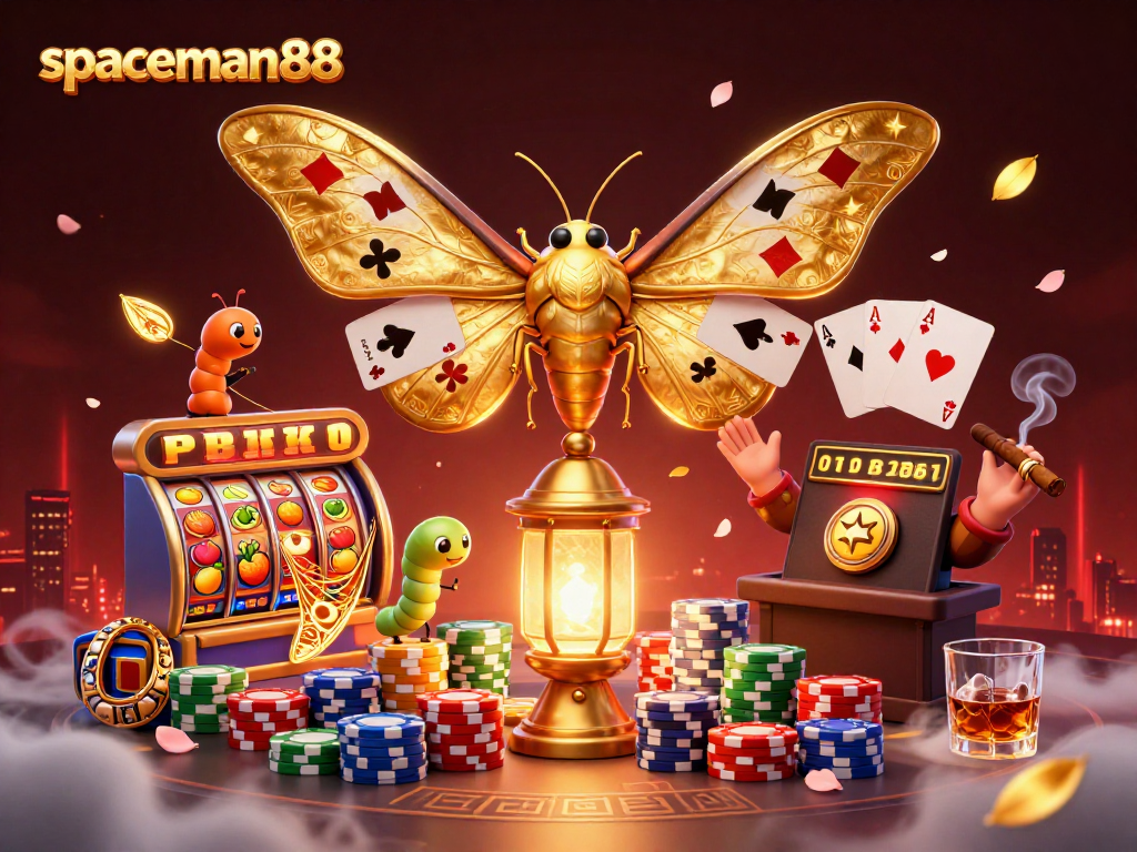 Spin the reels with spaceman88: a vibrant casino scene featuring a golden atlas moth and jackpot elements.