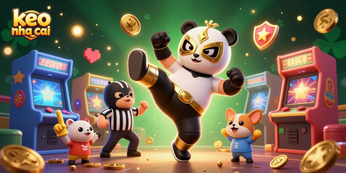 Engage with exciting keo nha cai action as a wrestler panda performs a flying kick surrounded by lively animal spectators.
