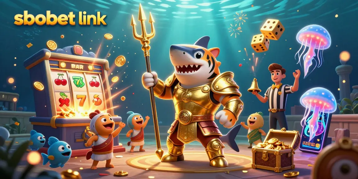 Engage with sbobet link through a vibrant 3D illustration of a shark gladiator in an underwater casino.