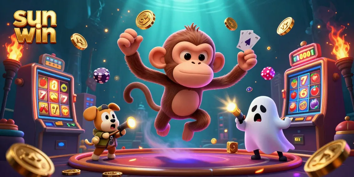 A mischievous invisible monkey juggles golden items in a haunted casino while a curious puppy tracks it for sun win.