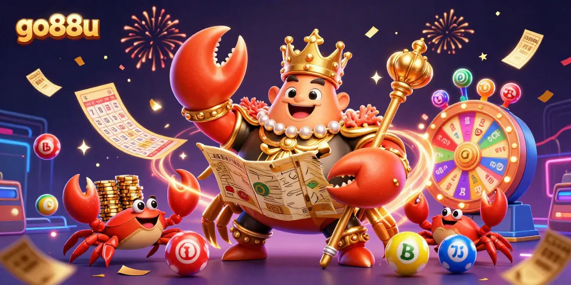 Engage with go88u's vibrant gaming world featuring a golden crab emperor celebrating with lottery balls and confetti.