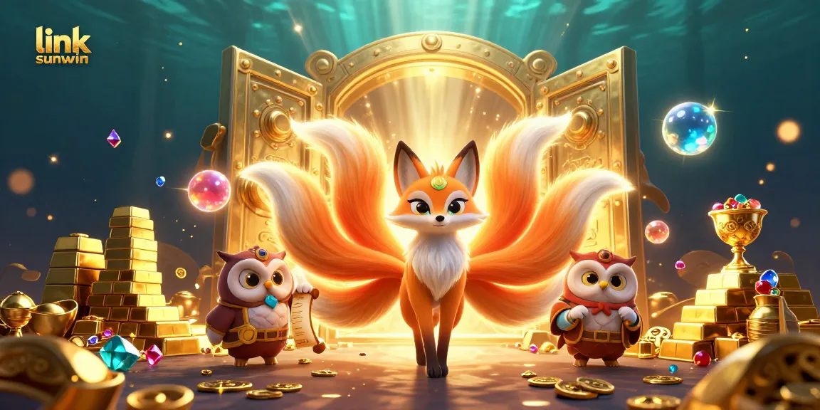 Win big at link sunwin with a vibrant 3D illustration showcasing glowing characters and treasure