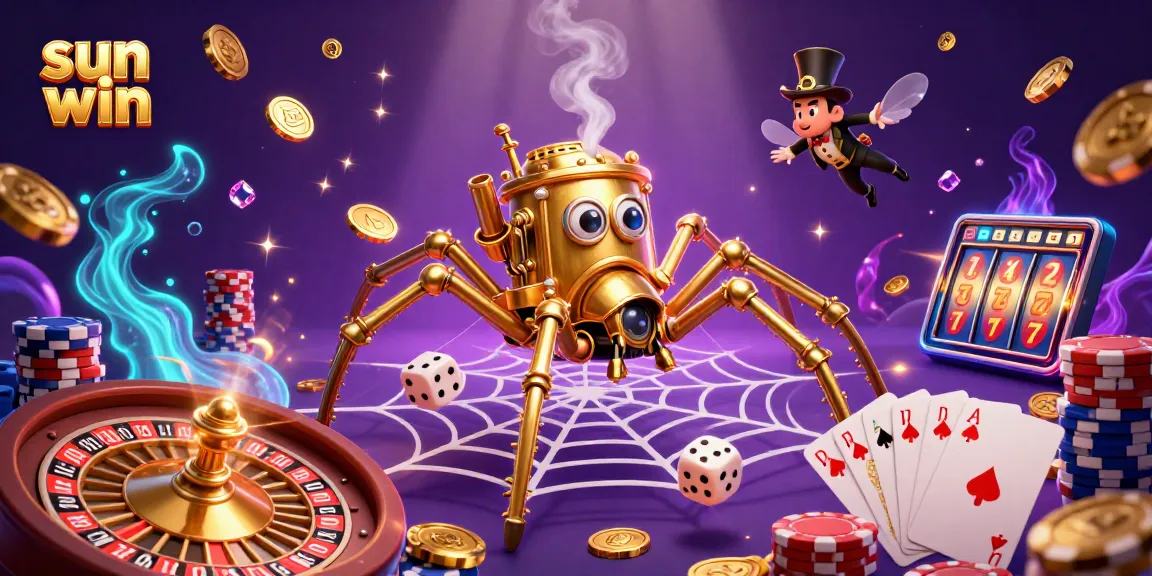 Experience sun win with vibrant casino-themed 3D illustration featuring steampunk elements and exciting gaming elements.