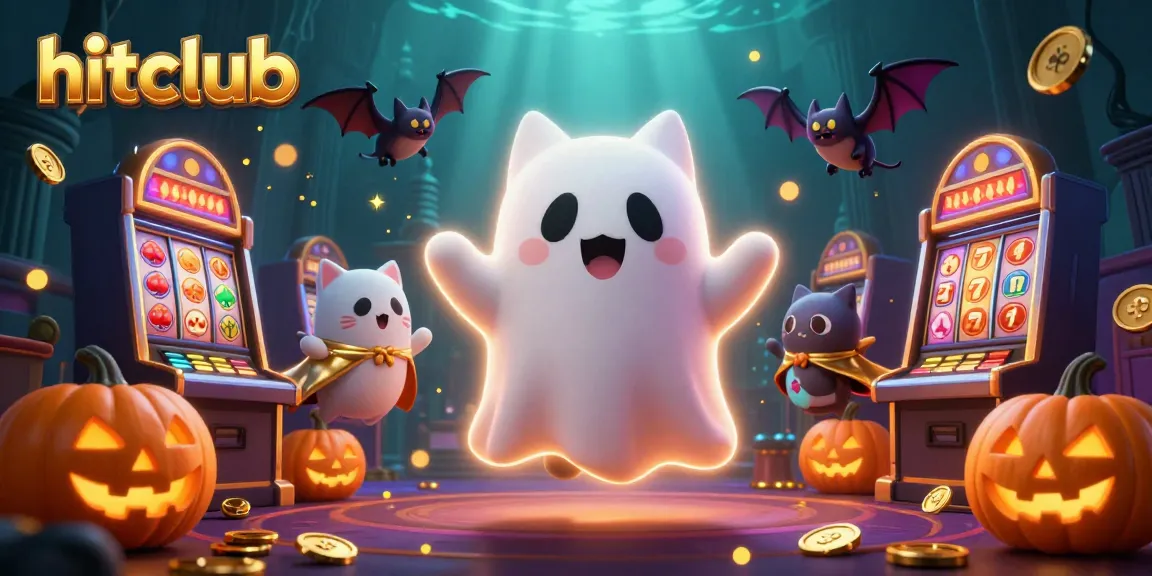 Hitclub unveils an enchanting ghost cat and bat duo amid vibrant slot machines.