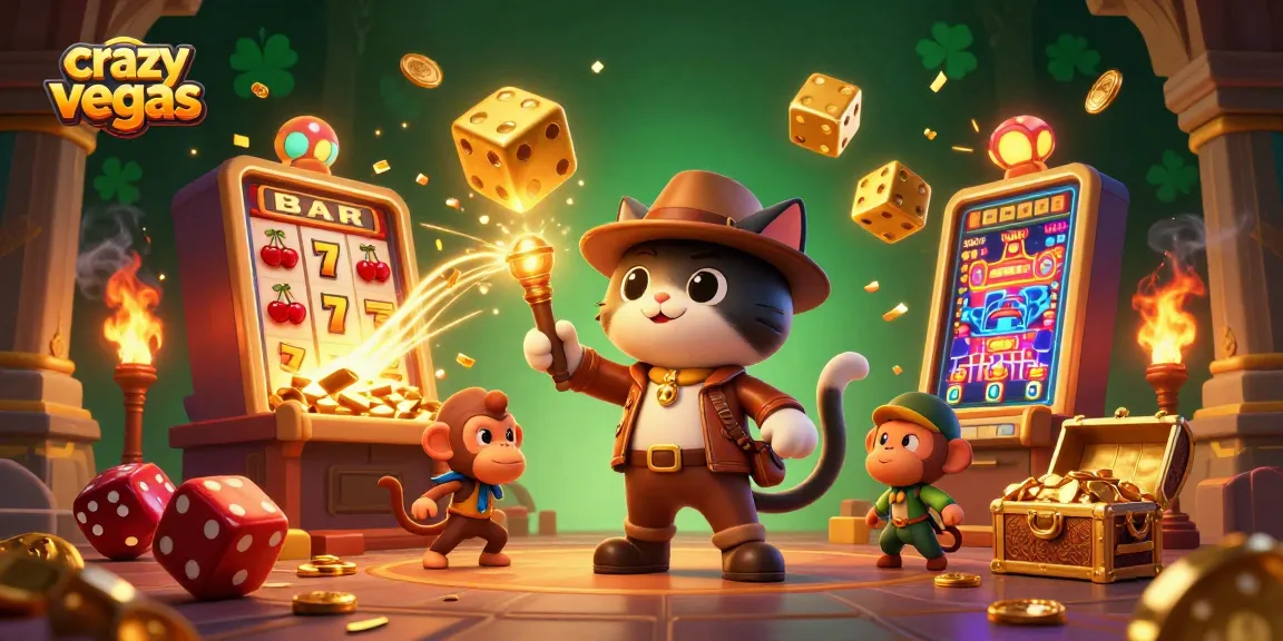 Join the adventure with crazyvegas as a cat archaeologist uncovers a golden casino artifact amidst slot machines and treasures.