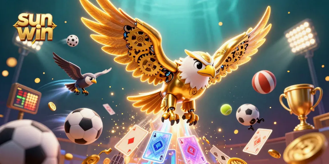 Experience excitement with sun win as a cybernetic eagle dives through dynamic holographic cards.