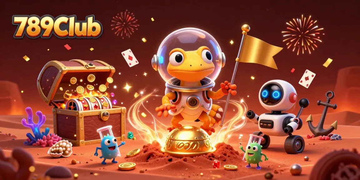Experience the thrill of 789Club in a vibrant casino scene, featuring a Martian gecko and treasures.