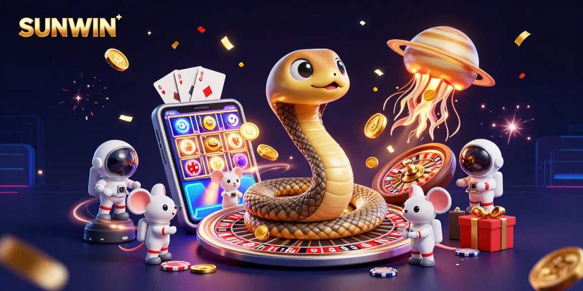 SUNWIN gamblers enjoy vibrant gaming with 3D cartoon characters, roulette, and slot elements in a cosmic casino.