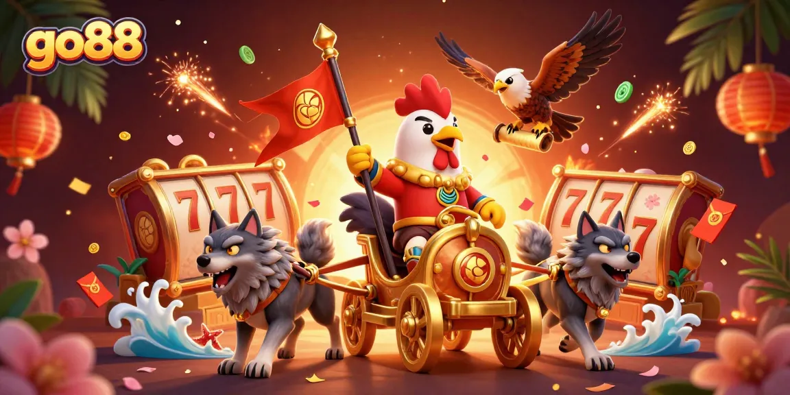 Experience engaging wins at Go88 with a vibrant, dynamic 3D gambling scene packed with slots and festive decorations.